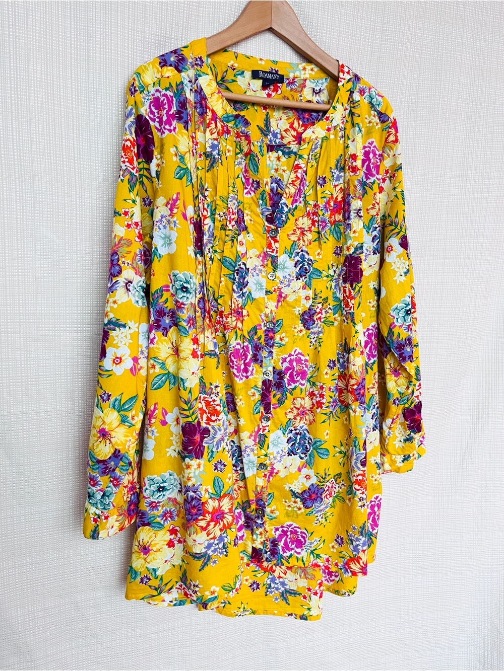 Roaman's Floral Pintuck Button-Front Tunic Dress Resortwear